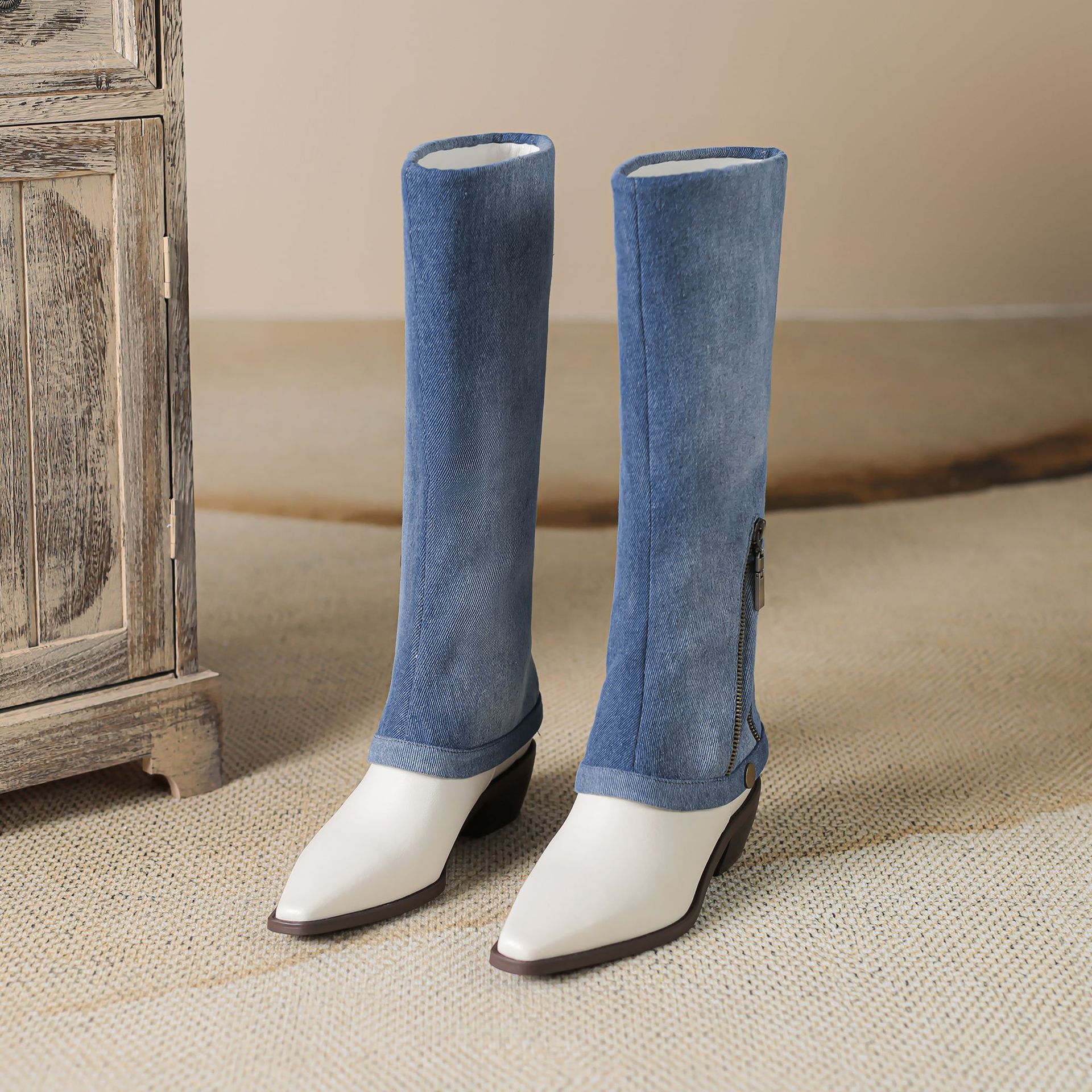 Denim Cowboy Stiefel Frauen Schuhe Höhe Zunehmende Botas Altas Damas Damen Stiefel Winter Booties Stiefel Schuhe 